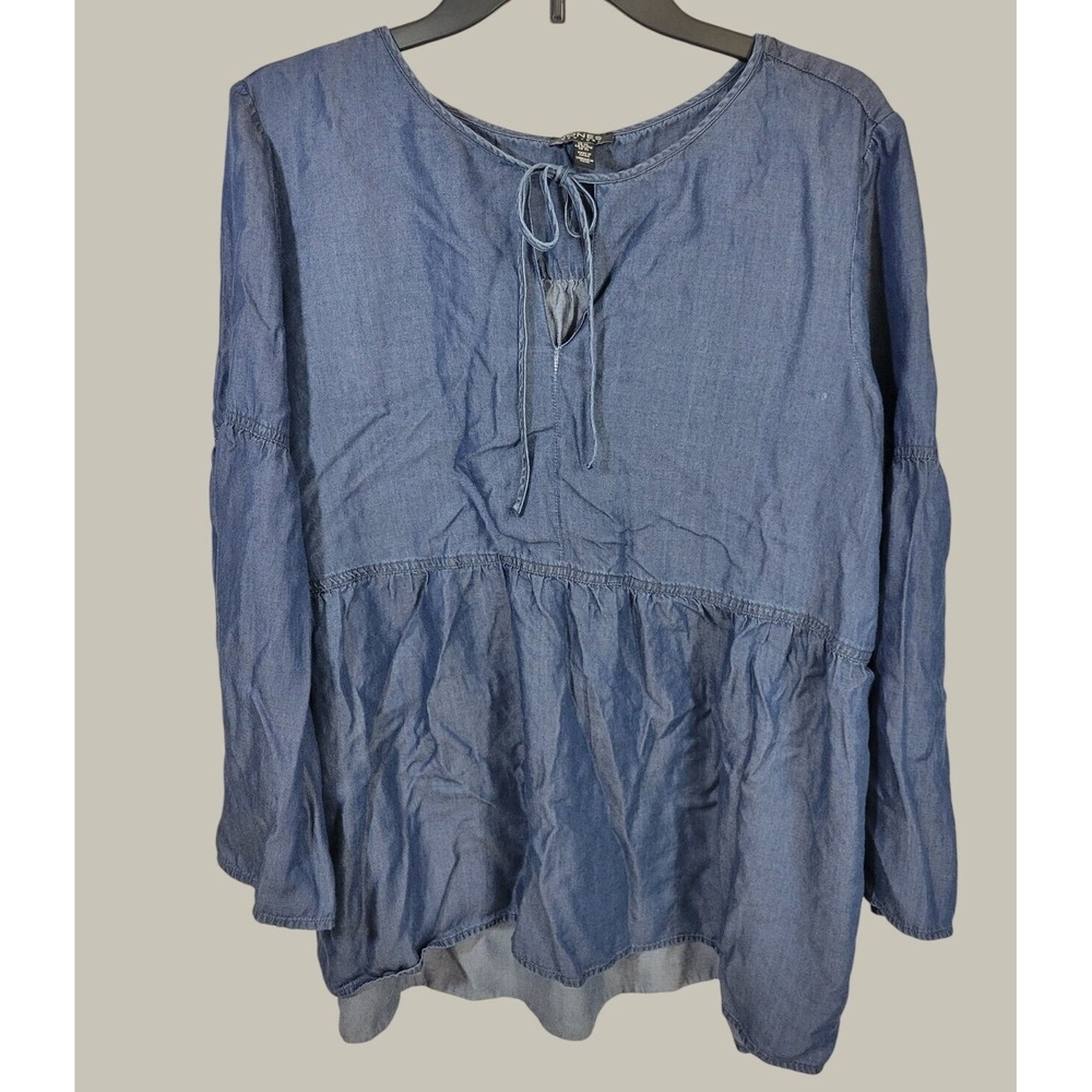 Jones New York Tunic Blouse Boho Peasant Babydoll Lyocell Denim Blue XL Top